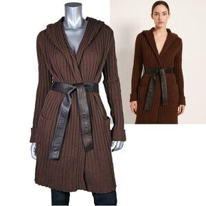 GUCCI SWEATER BROWN CASHMERE LEATHER BELT CARDIGAN sz S SMALL